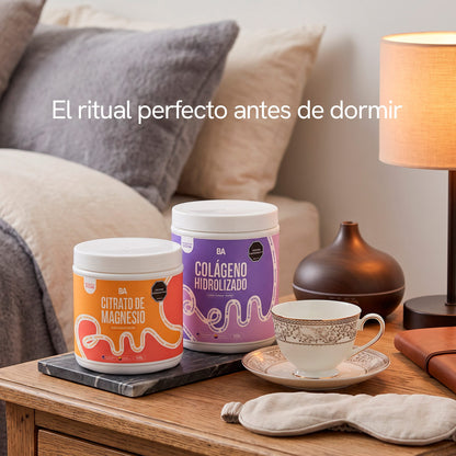 Modo de uso del Combo Recuperación y Relajación: el ritual perfecto antes de dormir, con los dos tarros en tu mesa de noche.