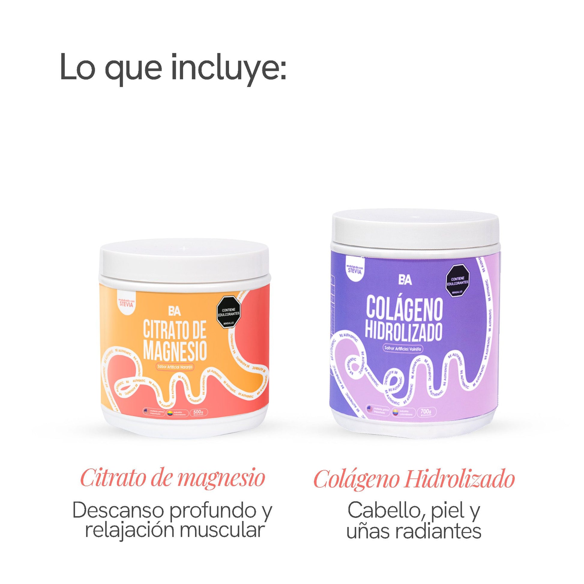 Qué incluye el Combo Recuperación y Relajación: Citrato de Magnesio para el descanso y la relajación muscular, y Colágeno Hidrolizado para cabello, piel y uñas.
