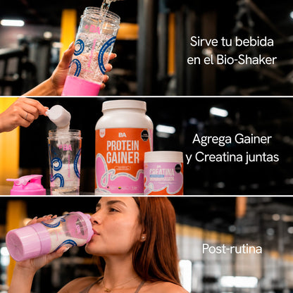 Modo de uso del Combo Wonder Woman: sirve, mezcla y disfruta tu Proteína Gainer en el Bio-Shaker.
