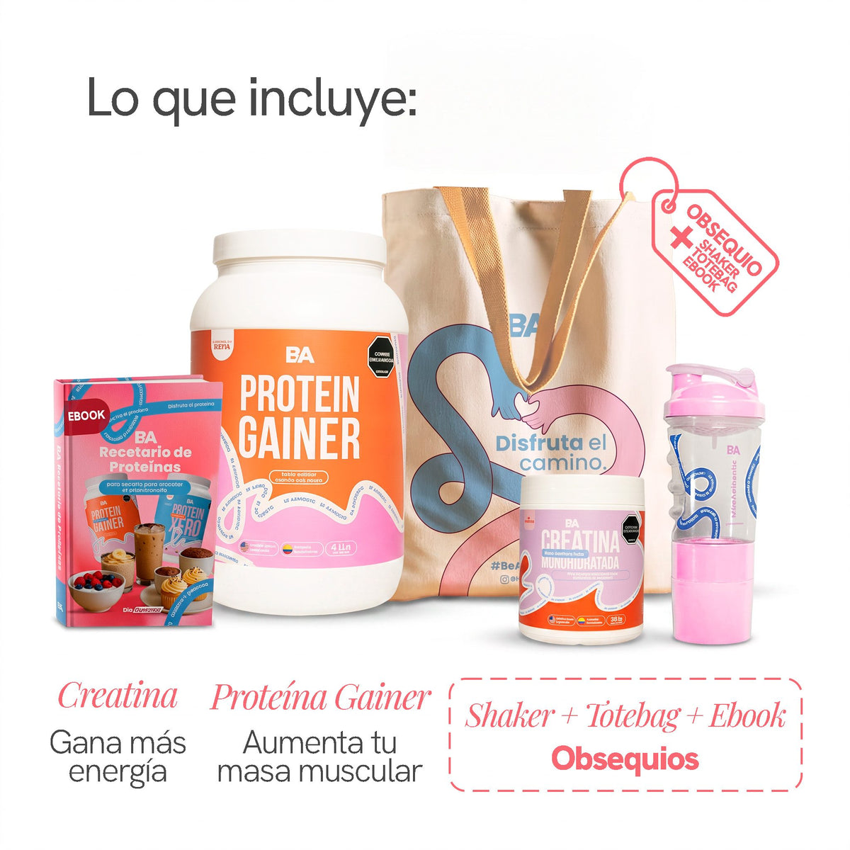 Qué incluye el Combo Wonder Woman: Creatina Monohidratada para ganar más energía y Proteína Gainer para aumentar tu masa muscular, con Bio-Shaker, tote bag y ebook de obsequio.