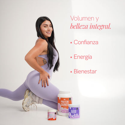 Mujer entrenando con el Combo Wonder Woman con Colágeno de BioAdvance; volumen y belleza integral con confianza, energía y bienestar.