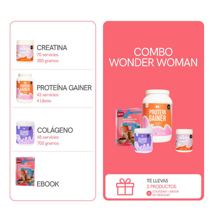 Qué contiene el Combo Wonder Woman con Colágeno de BioAdvance: Creatina de 70 servicios y 350 g, Proteína Gainer de 43 servicios y 4 libras, y Colágeno de 45 servicios y 700 g, con ebook de obsequio.