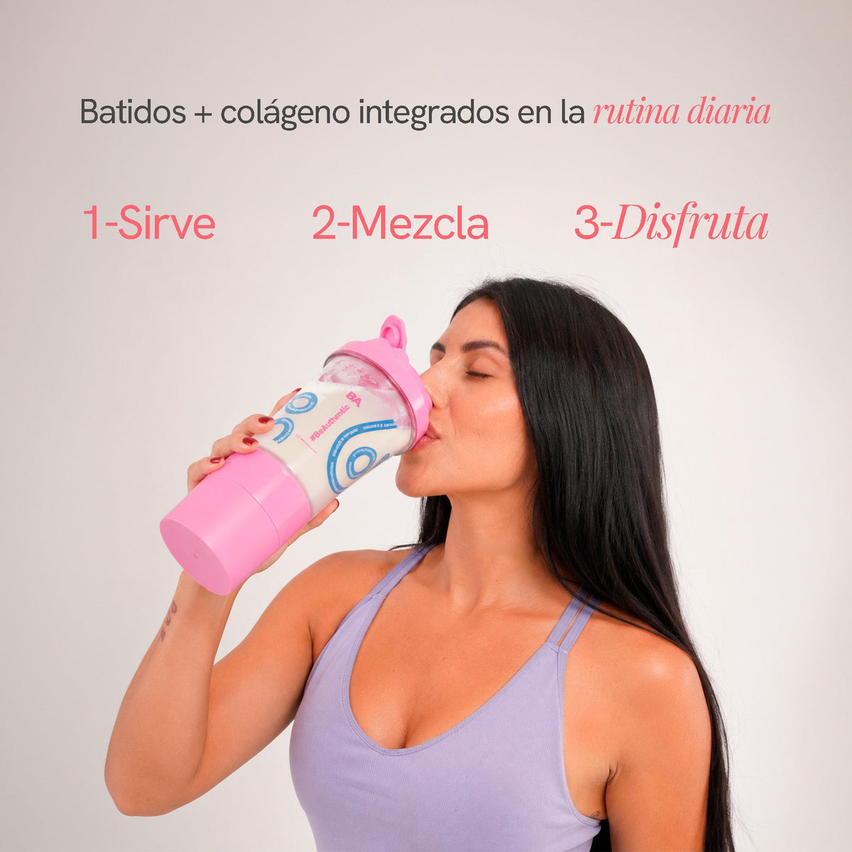 Modo de uso del Combo Wonder Woman con Colágeno: sirve, mezcla y disfruta; batidos y colágeno integrados en tu rutina diaria.