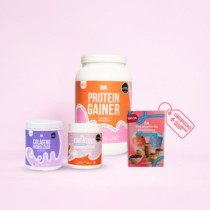 Combo Wonder Woman con Colágeno de BioAdvance sobre fondo rosa: Proteína Gainer Mujer, Creatina Monohidratada Mujer, Colágeno Hidrolizado y ebook de recetas.