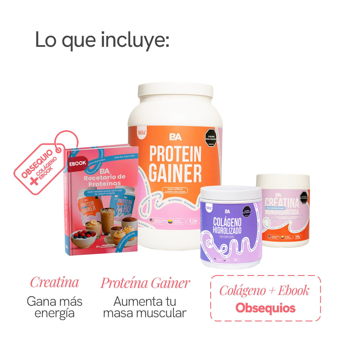 Qué incluye el Combo Wonder Woman con Colágeno: Creatina Monohidratada para ganar más energía y Proteína Gainer para aumentar tu masa muscular, con Colágeno y ebook de obsequio.