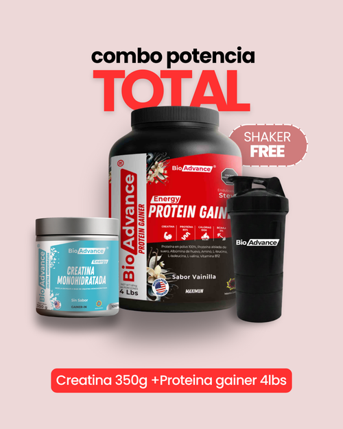 COMBO POTENCIA TOTAL: Proteina gainer 4lb + Creatina Monohidratada + Shaker de regalo