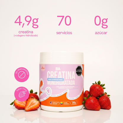 Creatina Monohidratada Mujer de BioAdvance: 4,9 g de creatina por porción, 70 servicios y 0 g de azúcar, sabor fresa.