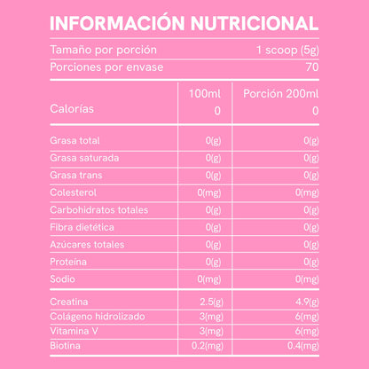 Tabla de información nutricional de la Creatina Monohidratada Mujer de BioAdvance: 1 scoop y 70 porciones por envase.