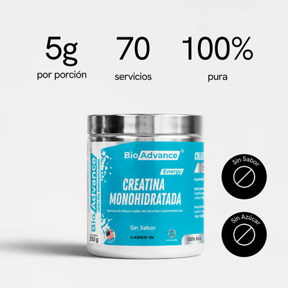 Creatina Monohidratada Pura de BioAdvance: 5 g por porción, 70 servicios y fórmula 100 % pura, sin sabor.