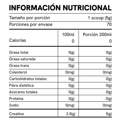 Tabla de información nutricional de la Creatina Monohidratada Pura de BioAdvance: 1 scoop de 5 g y 70 porciones por envase.