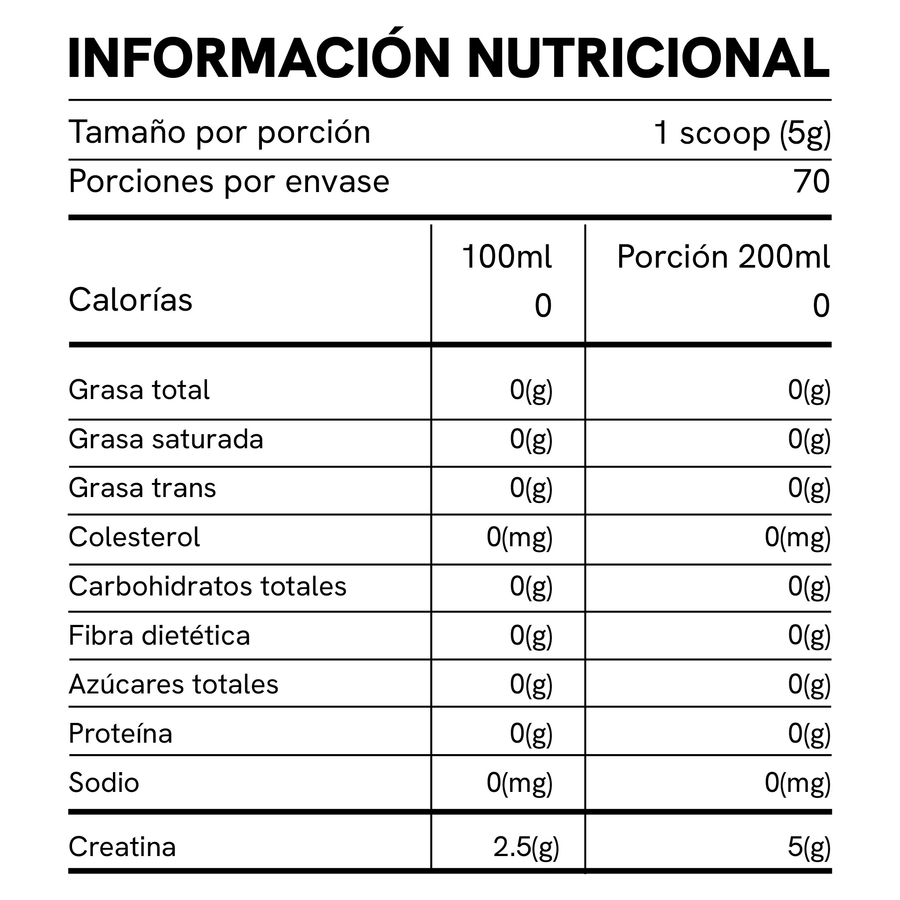 Tabla nutricional Creatina Monohidratada Pura 350g / BioAdvance