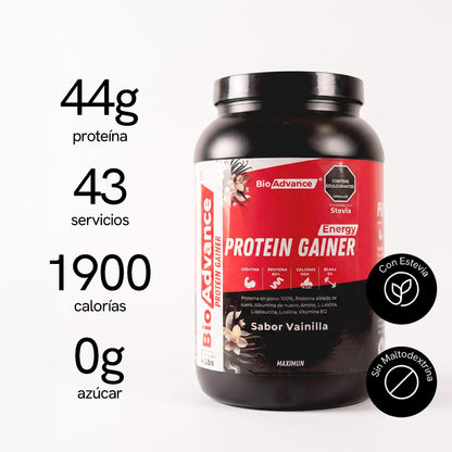 Proteína Gainer de BioAdvance: 44 g de proteína, 43 servicios, 1900 calorías y 0 g de azúcar añadida.
