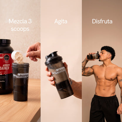 Modo de uso de la Proteína Gainer: mezcla 3 scoops, agita y disfruta.