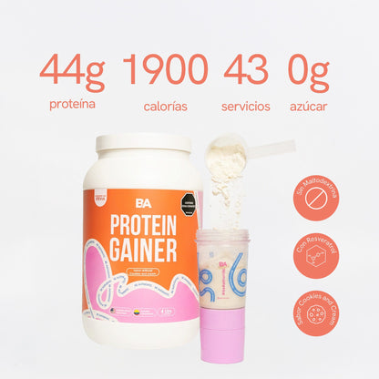 Proteína Gainer Mujer de BioAdvance: 43 servicios y 4 libras de contenido, sin azúcar añadida.