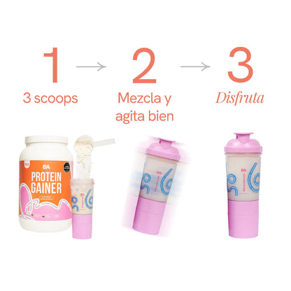 Modo de uso de la Proteína Gainer Mujer: mezcla tu scoop, agita y disfruta el sabor Cookies & Cream.