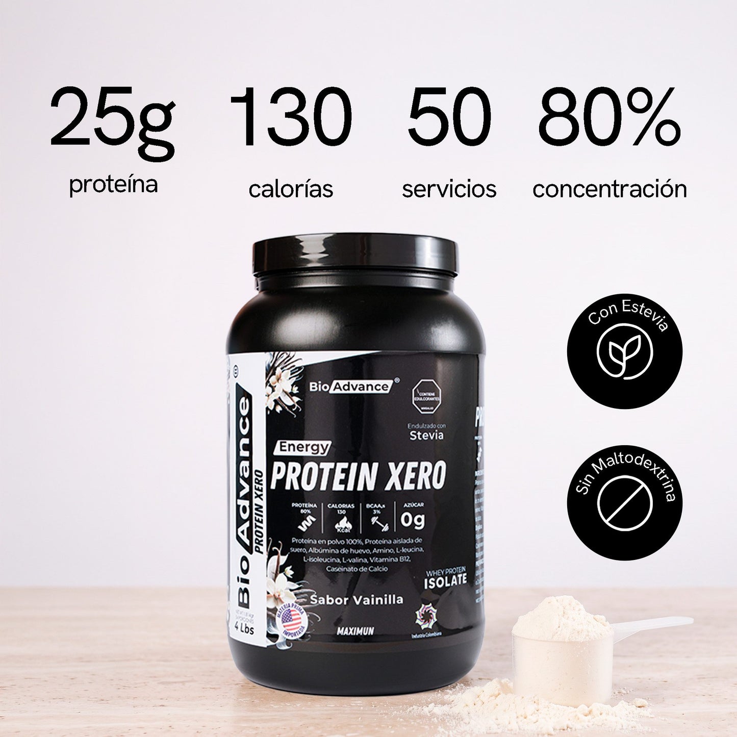Proteína Xero de BioAdvance: 25 g de proteína, 130 calorías, 50 servicios y 80 % de concentración, con estevia y sin maltodextrina.