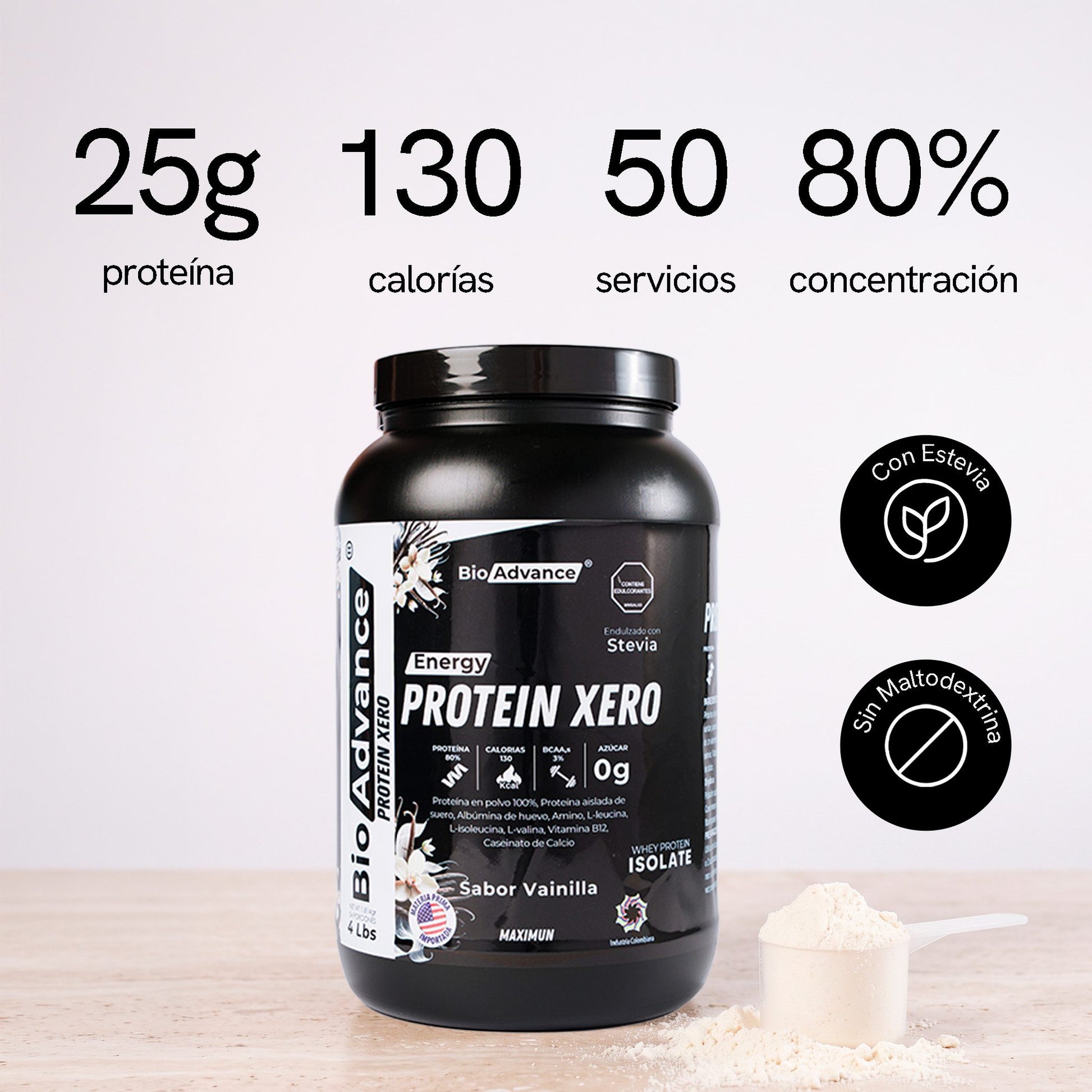 Proteína Xero de BioAdvance: 25 g de proteína, 130 calorías, 50 servicios y 80 % de concentración, con estevia y sin maltodextrina.