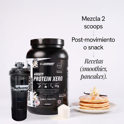 Modo de uso de la Proteína Xero: mezcla 2 scoops después del movimiento o como snack, también en smoothies y pancakes.