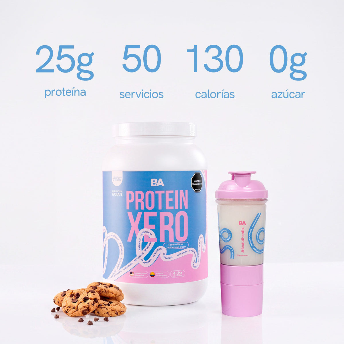 Proteína Xero Mujer de BioAdvance: 25 g de proteína, 50 servicios, 130 calorías y 0 g de azúcar, junto a su Bio-Shaker rosa.