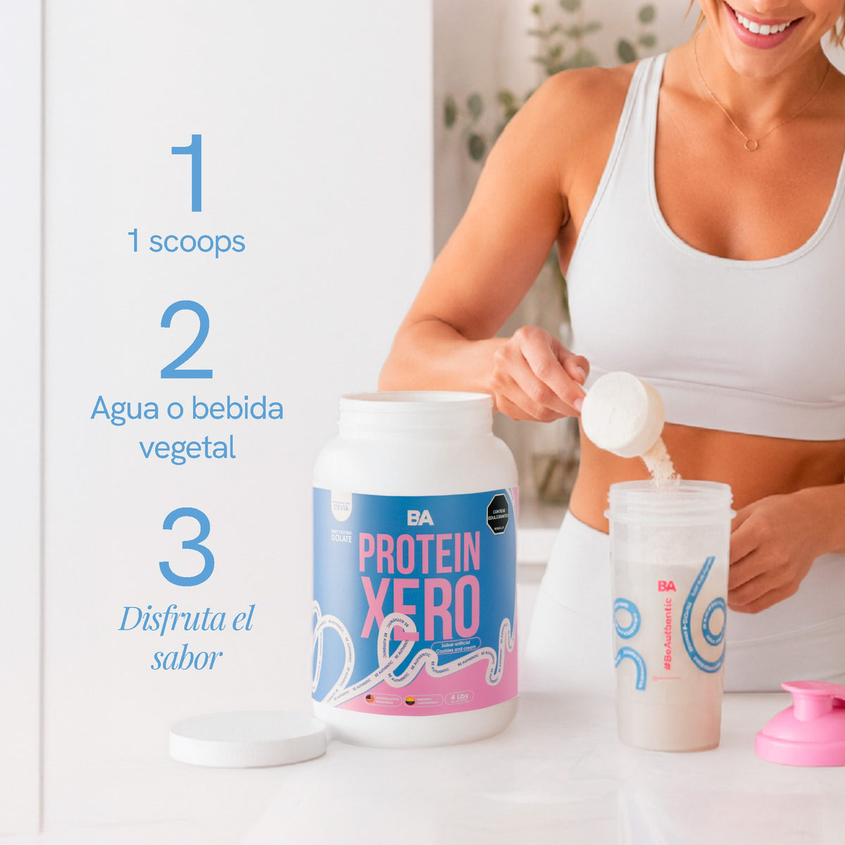 Modo de uso de la Proteína Xero Mujer: 1 scoop en agua o bebida vegetal y disfruta el sabor.